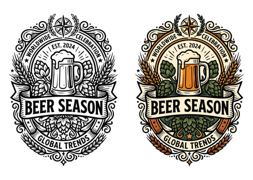 Vintage style beer season emblem with hops and wheat illustration.