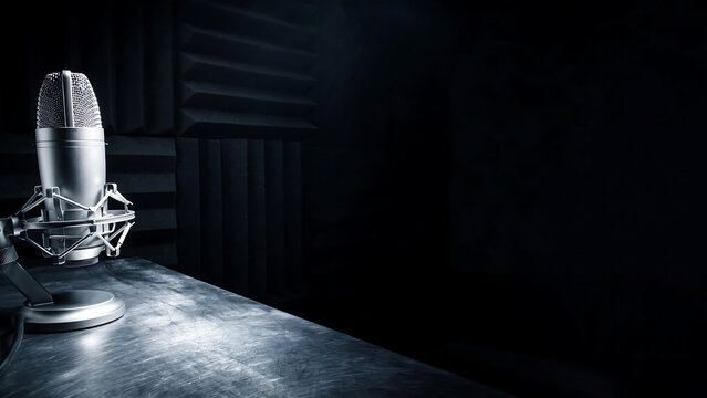 Professional studio condenser microphone on a desk with a dark soundproof acoustic foam background