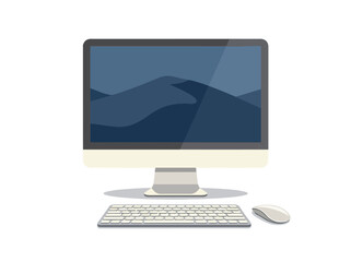 Fototapeta premium Modern desktop computer setup with monitor, keyboard, and mouse. Flat design for digital technology and office concepts