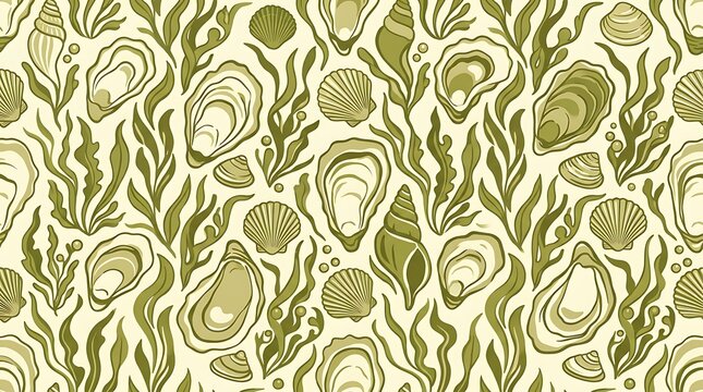 Seamless pattern of seashells and seaweed in olive green tones
