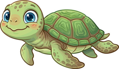 Cute baby sea turtle swimming vector illustration isolated on white background smiling green marine animal mascot character ocean wildlife graphics drawing © MstBizly