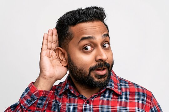 Bearded man in red plaid shirt listening intently with hand cupped behind ear