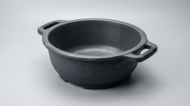 A black plastic kitchen colander with two handles used for washing fresh vegetables and pasta food. waterproof bowl designs