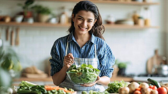 Young woman holding fresh salad bowl in bright kitchen with green vegetables nearby