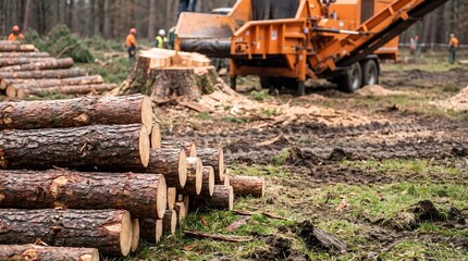 Fototapeta premium Felled Tree Logs and Wood Chipper Forestry Industry Concept