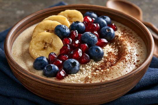 Nutritious oatmeal bowl topped with banana, blueberries, and pomegranate seeds, served in rustic wooden bowl.