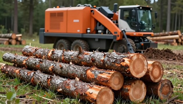 Felled Tree Logs and Wood Chipper Forestry Industry Concept