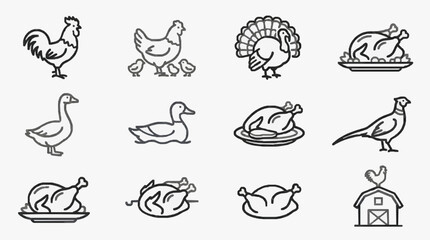 Obraz premium Clean Black and White Line Drawing Icons of Various Poultry and Farm Scenes for Use with high quality professional line art symbols for modern creative design and digital branding projects