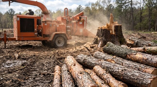 Felled Tree Logs and Wood Chipper Forestry Industry Concept