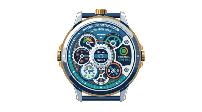 Futuristic technical watch face illustration with universal time synchronization interface