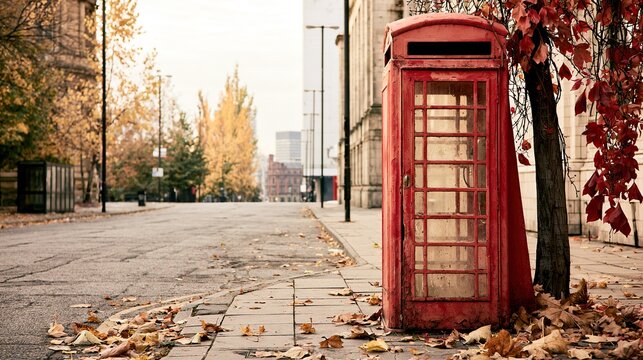 Old red telephone booth autumn street