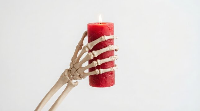 Skeleton Hand Grasping a Lit Red Pillar Candle with White Background
