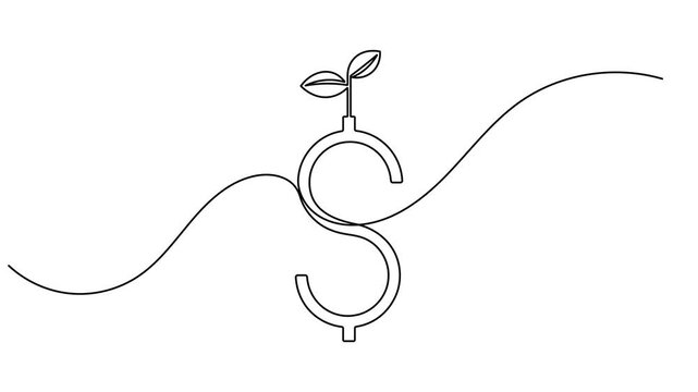 Dollar with leaf icon sign motion graphics continuous one line drawing on white background minimalist single art green money and sustainable financial symbol animation video