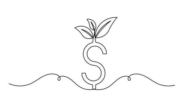 Dollar with leaf icon sign motion graphics continuous one line drawing on white background minimalist single art green money and sustainable financial symbol animation video