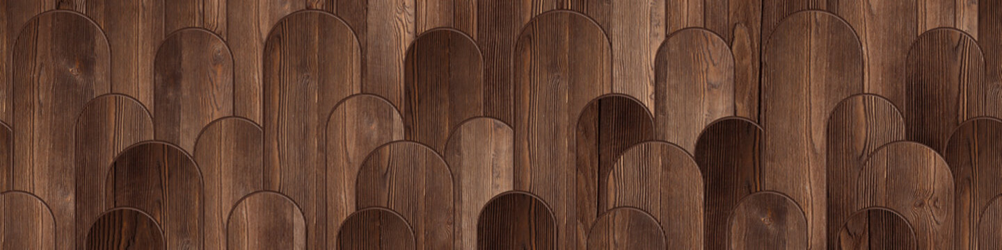 wooden paneling arranged in a repeating, overlapping rounded arch design.