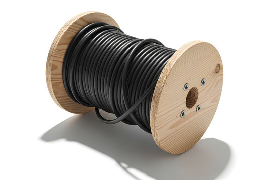 Black industrial electric cable on wooden spool isolated on white
