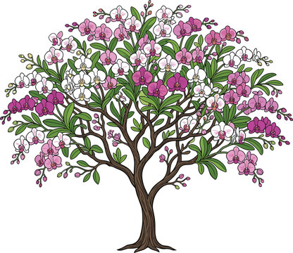 Blooming Orchid Tree Vector Illustration with Pink Flowers and Green Leaves Isolated on White Background