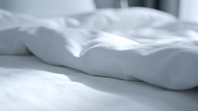 Soft white bedsheets with subtle shadows in a bright, tranquil bedroom, promoting relaxation