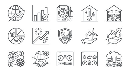 Fototapeta premium Sleek Monochrome Line Icons Set Featuring Global Trends Energy Sustainability Finance and Technology Concepts