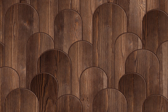 wooden paneling arranged in a repeating, overlapping rounded arch design.