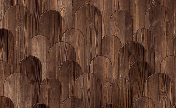 wooden paneling arranged in a repeating, overlapping rounded arch design.