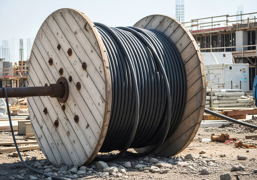 Large industrial cable reel at outdoor construction site
