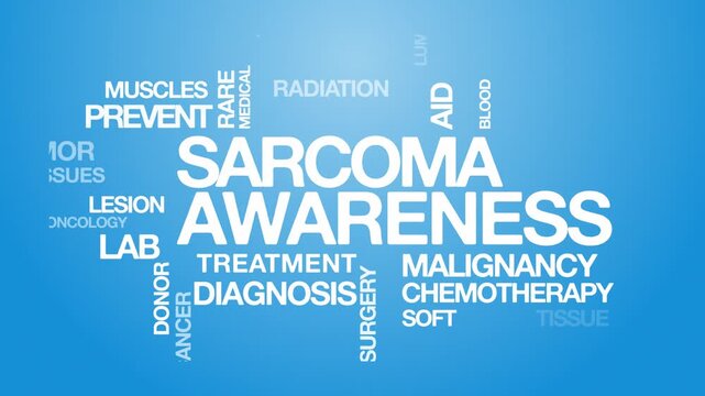 Sarcoma awareness concept Animated Tag Word Cloud kinetic typography, Text Design Animation typography seamless loop video motion graphics Intro Wordart arrangement sky blue background bg backdrop cam