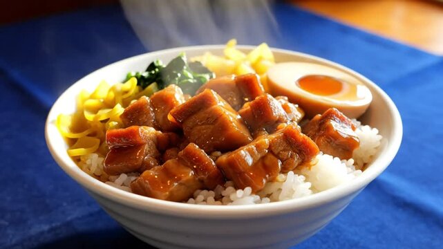 Savory Taiwanese braised pork belly rice bowl with steamed rice, pickled vegetables, and marinated egg