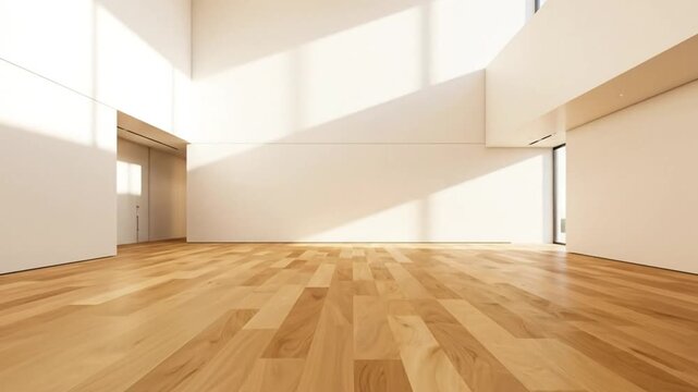 Minimalist modern empty room with wooden flooring and bright sunlight creating shadows on the white walls