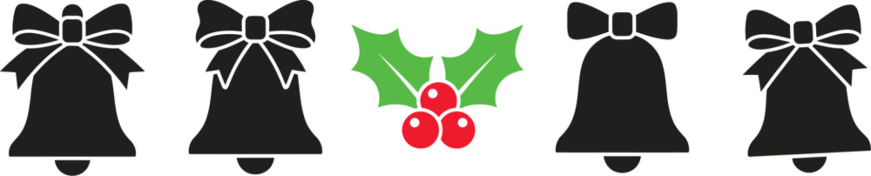 Black Silhouette Of Christmas Bells And Holly Sprig On White Background