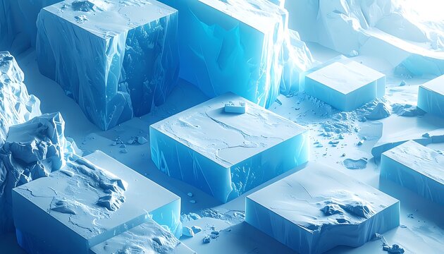 Frozen ice blocks in winter landscape.
