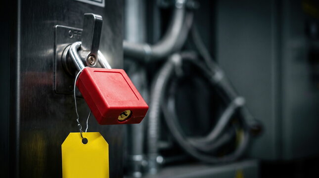 Lockout tagout padlock on industrial switch with yellow tag, essential for energy isolation and workplace safety.