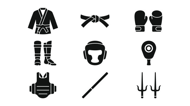 A single canvas featuring flat nine silhouette collection o f Pencak silat and its equipment
