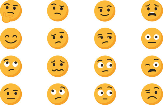 Yellow Emoji Smiley Face Icon Set with Various Confused Thinking Happy and Sad Avatar Expressive Characters