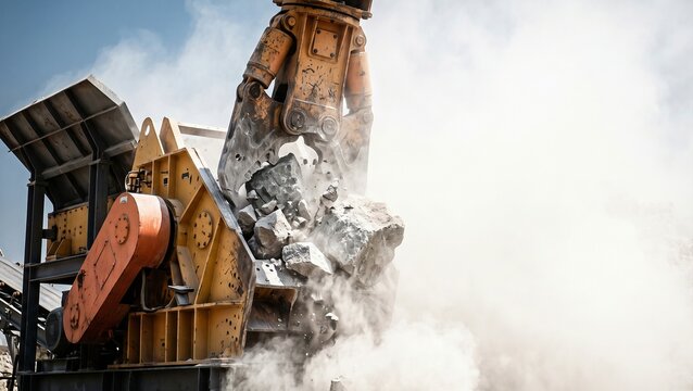 Stone crushing machine processing rocks with heavy dust at open-pit quarry, crucial for mining and construction operations.