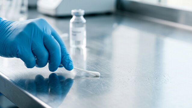 Medical swab collecting sample from sterile metal surface, gloved hand in laboratory, hygiene and contamination control concept.