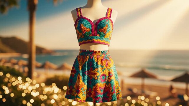 Colorful summer crochet two-piece set on a mannequin with a beach backdrop, perfect for vacation or resort wear