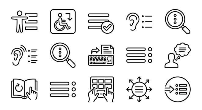 Clean Black and White Line Icons Set Featuring Accessibility Communication and Technology Symbols for SEO and Design Use