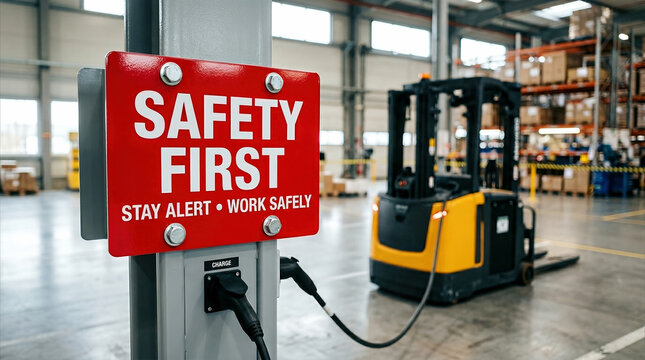 Safety sign displaying "SAFETY FIRST" with electric forklift charging inside modern warehouse facility, promoting workplace health and safety protocols.