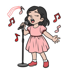Cartoon little girl singing with microphone stand and music notes illustration PNG