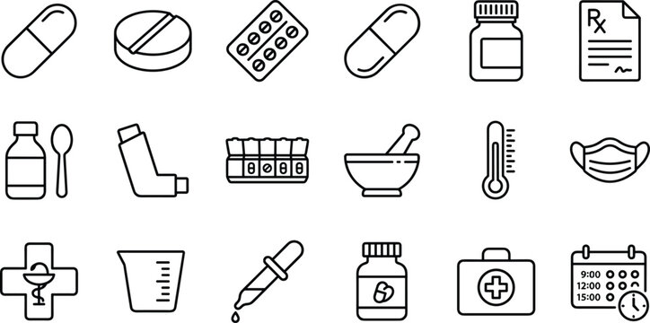 Medical Pharmacy and Healthcare Line Icon Set with Prescription Drugs Pills and First Aid Equipment Symbols