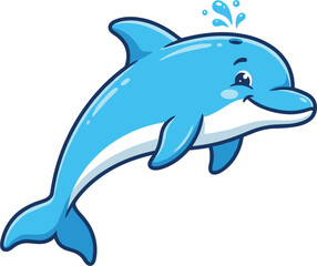 Fototapeta premium Cute blue dolphin vector illustration jumping with happy smiling face and water splash sea animal cartoon character design element isolated on white background