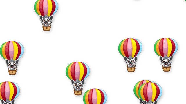 Animated Raccoons Floating in Colorful Hot Air Balloons on White Background