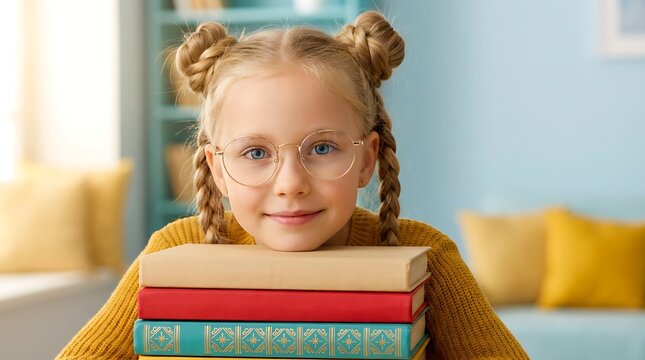 Young girl with glasses and braided hair smiles while holding stack of books indoors wearing yellow sweater, representing education and childhood learning.