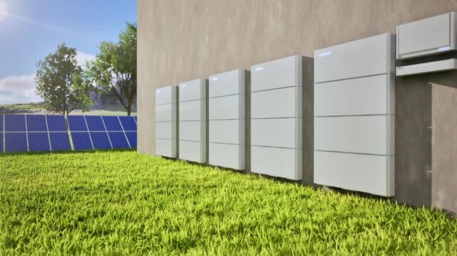3d rendering group of home batteries or energy storage systems with solar panels 4k footage