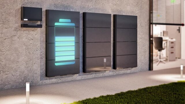3d rendering group of home batteries or energy storage systems with digital graphic display at office 4k footage