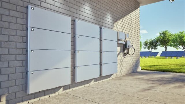 3d rendering group of home batteries or energy storage systems in garage 4k footage