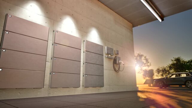3d rendering group of home batteries or energy storage systems in garage 4k footage