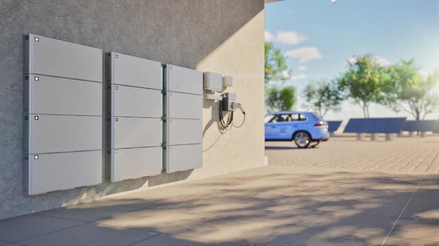 3d rendering group of home batteries or energy storage systems in garage 4k footage