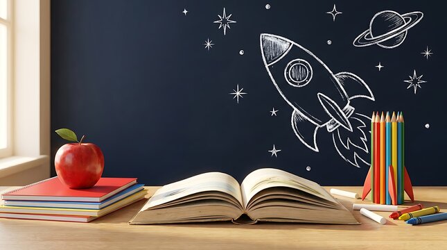 Back to school concept with apple books rocket and colorful pencils on a desk with chalkboard background inspiring children imagination and creativity for future success.